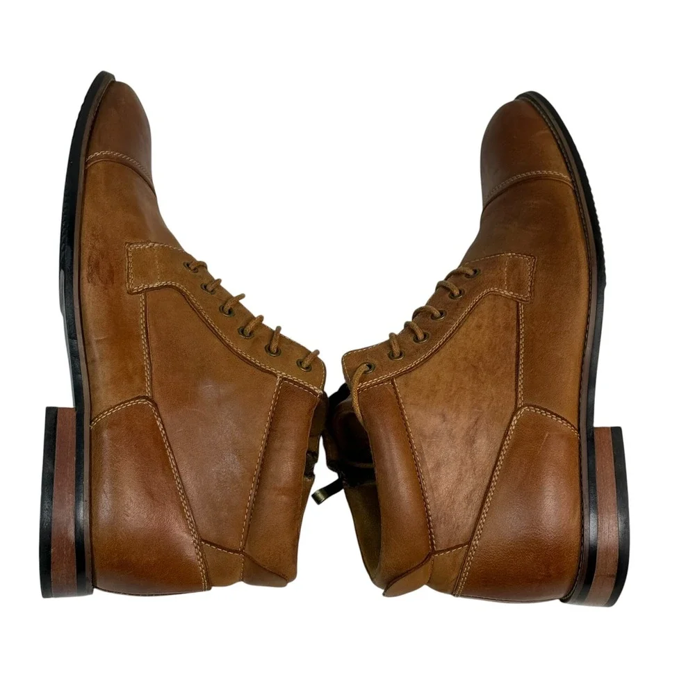 Kunsto Men Light Brown Leather Cap Toe Lace Up Side Zip Ankle Boots 12 SN4954-01